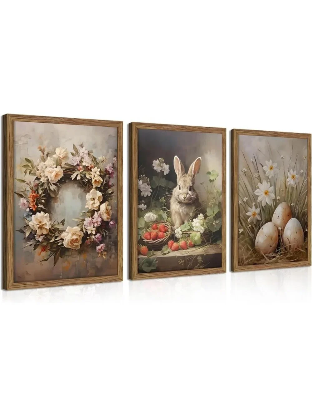 Vintage Easter Bunny Wall Art Set of 3 - Rustic Spring Canvas Decor for Home